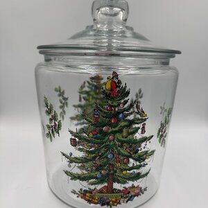 Vintage Spode Christmas Tree Clear Glass Apothecary W/sealed lid jar, Good Cond.